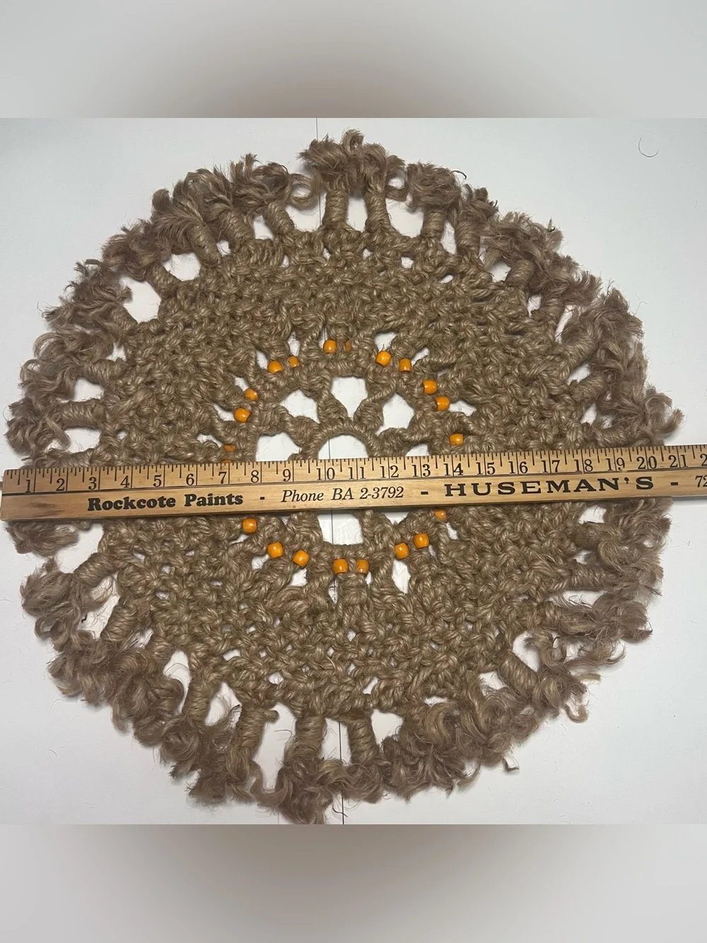 Rustic Brown Jute Wall Tapestry/Center Piece with Orange Bead Accents